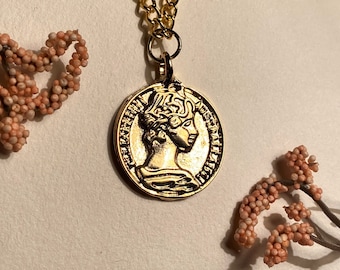Queen Elizabeth Coin Medallion Vintage Necklace Ancient Greek Charm Jewelry Gold Pendant Christmas Gift