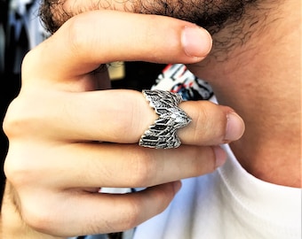 Flying Eagle Ring / Adjustable Silver Unisex Jewelry / Thunderbird King of Birds Wings Wrap Animal Pendant Viking Raven Odin Skyrim Ragnarok