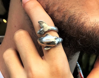 Dolphin Lovers Ring Wrap Around Dolphin Hug Handmade Silver Men Ring Unisex Gift for Him Her Animal Friendship Promise Ocean Jewelry