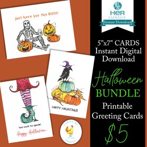 Cartes de voeux Halloween de dernière minute, TÉLÉCHARGEMENT IMMÉDIAT, cartes imprimables 5 x 7, sorcière, squelette et corbeau