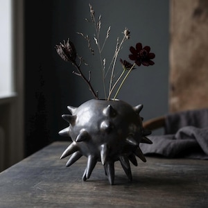 Sculptural Spiked Ceramic Vase, Dark Bronze Metallic Glaze  Sea Urchin Vessel, Moody Modern Home Decor