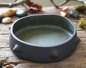 Handmade Stoneware Platter – Matte Black, Green, Spiked Studded Bowl, Wabi-Sabi Decor
