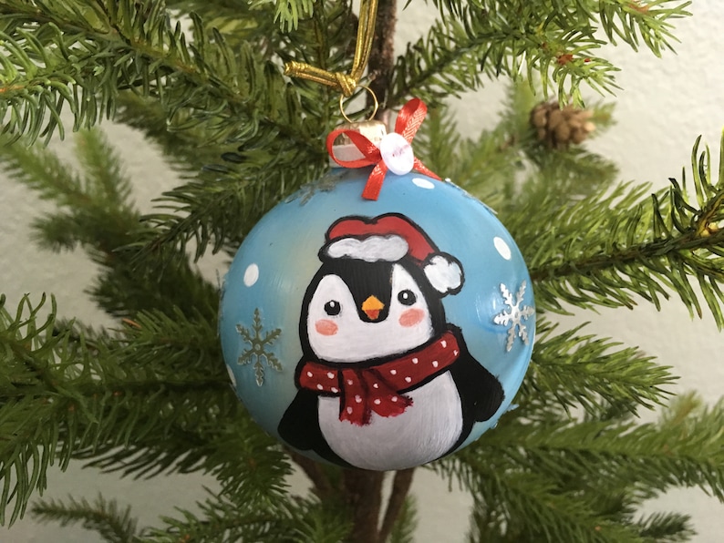 Santa penguin Christmas penguin Christmas present Penguin ornament penguin keepsake winter decor hand painted glass Christmas ornament