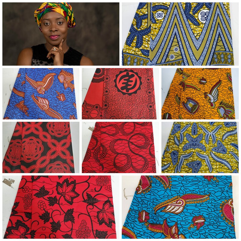 May include: A collage of nine different fabric patterns. The patterns are colorful and geometric, featuring a variety of colors, including red, blue, yellow, and green. The fabrics are all woven and have a smooth texture.