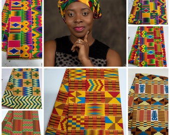 May include: A collection of six different colorful patterned fabrics with geometric designs in shades of red, yellow, blue, green, and brown. The fabrics are folded and displayed on a white background.