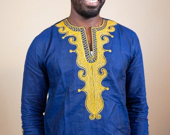 African clothing, blue  Gold embroidery men wear, embroidery African shirt for men, African fashion, African wear/trendy African style