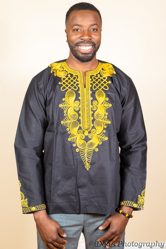 African Clothing Black With Gold Embroidery Men Wear Etsy