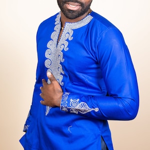 Kojo-African clothing, blue with  Sliver embroidery wear,embroidery African shirt for men,African fashion, African wear/trendy African style