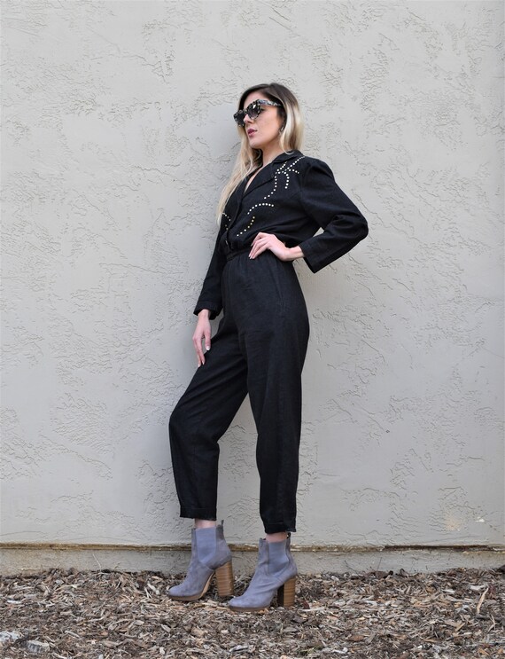 Vtg 80's Denim Jumpsuit \\ Jeans Romper \\ Dark Gr