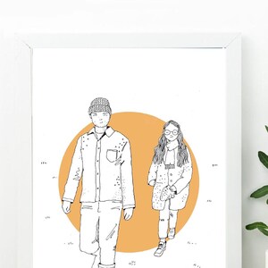 May include: A black and white line drawing of two people walking in front of a large orange circle. The people are wearing casual clothing and the man is wearing a hat.