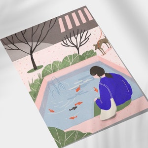 Impresión artística Chica mirando un estanque Perro pez koi Estilo anime Azul Rosa Póster de alta calidad Arte de pared Elizadrawstheline Pastelm A3 A5 A4