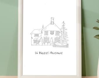 Custom House Portrait: Hand-Drawn Fine Line Art, New Home Gift