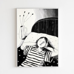 Impresión artística A4 en blanco y negro con estilo de tinta de chica escuchando música Póster de pared Elizadrawstheline A5 A3