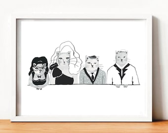 A4 RuPauls Drag Race Judges as Cats Poster Illustration Wall Art Michelle Visage Carson Kressley Ross Matthews RuPaul USA