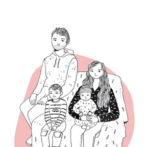 May include: A black and white line drawing of a family of four sitting on a pink couch. The father is sitting on the left, the mother is sitting in the middle, and the two children are sitting on either side of the mother. The father is wearing a hoodie, the mother is wearing a long-sleeved shirt, and the children are wearing striped shirts.