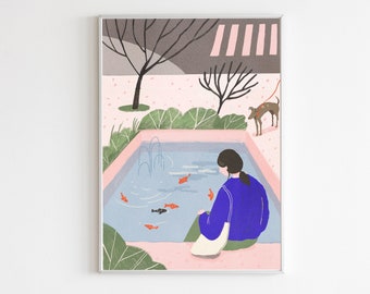 A4 Art Print Girl Looking at Pond Dog Koi Fish Anime Style Blue Pink High Quality Poster Wall Art Elizadrawstheline Pastelm A3 A5