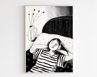 A4 Art Print Black and White Ink Style Girl Listening to Music Poster Wall Art Elizadrawstheline A5 A3