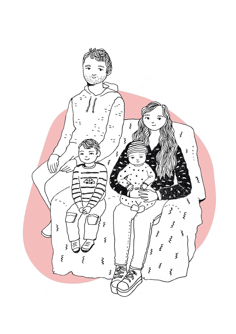 May include: A black and white line drawing of a family of four sitting on a pink couch. The father is sitting on the left, the mother is sitting in the middle, and the two children are sitting on either side of the mother. The father is wearing a hoodie, the mother is wearing a long-sleeved shirt, and the children are wearing striped shirts.