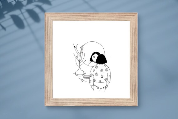 Line Illustration Pen Ink Art Girl Mirror Simple Line Art Etsy Singapore