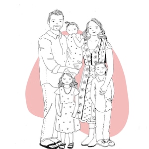 May include: A black and white line drawing of a family of five. The family is standing in front of a pink background. The father is on the left, the mother is on the right, and the three children are in the middle. The children are all wearing dresses or shirts with polka dots.