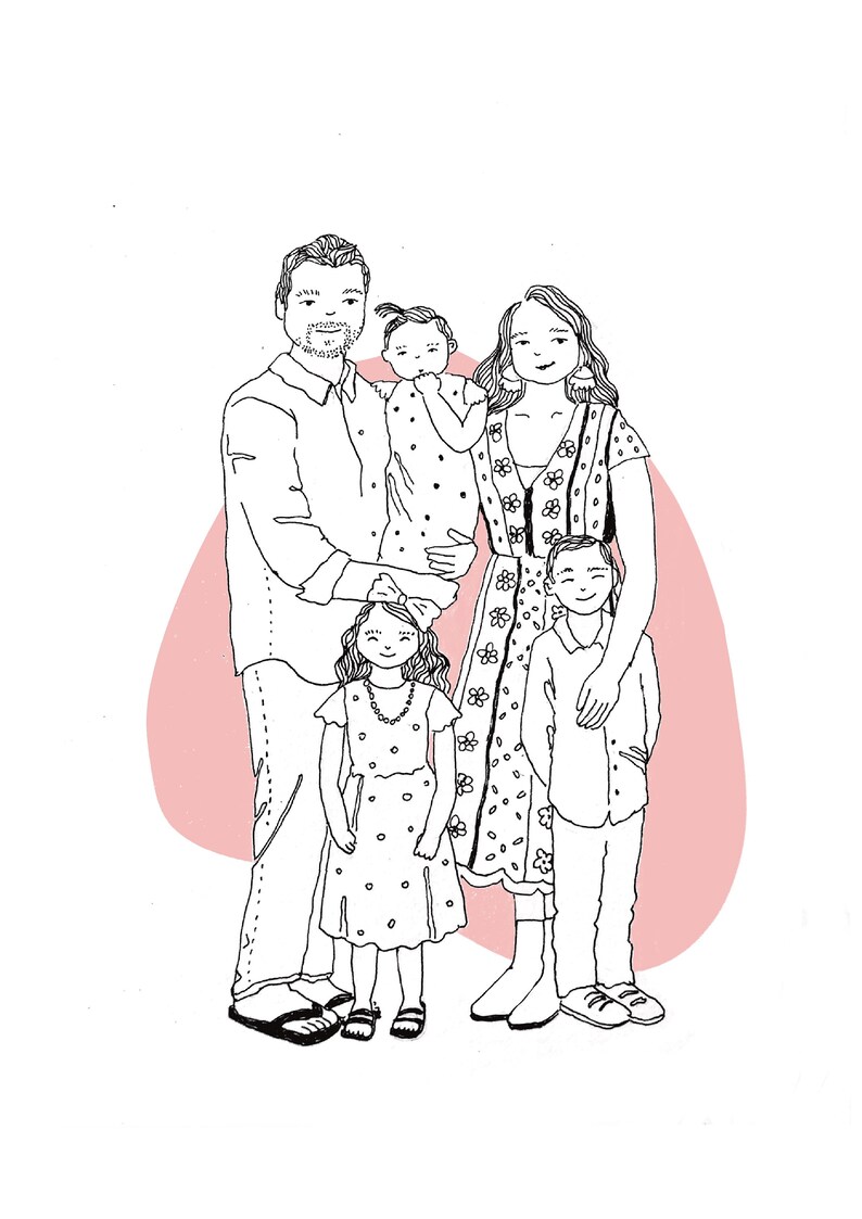 May include: A black and white line drawing of a family of five. The family is standing in front of a pink background. The father is on the left, the mother is on the right, and the three children are in the middle. The children are all wearing dresses or shirts with polka dots.