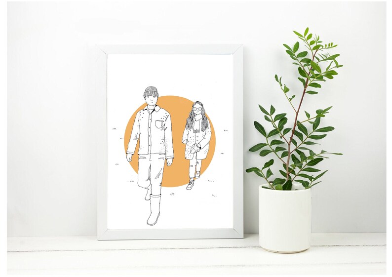 May include: A black and white line drawing of two people walking in front of a large orange circle. The people are wearing casual clothing and the man is wearing a hat.