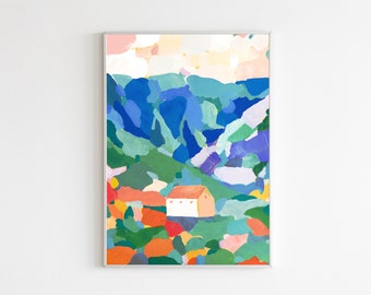 A4 Art Print from Painting Gouache Lovely Abstract Landscape House Poster Wall Art Elizadrawstheline Pastel