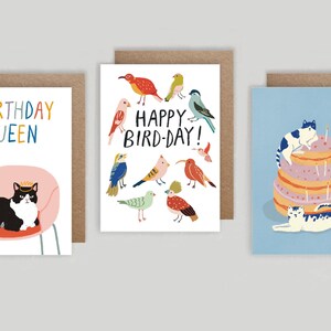 3 Pack Birthday card Bird pun Bird Lovers Happy Birthday Illustration Cats Birthday Cards Greeting Cards Pack of 3 Cat+Birds Mix 3Cards