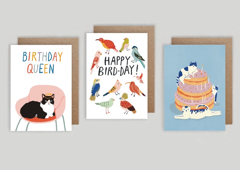 3 Pack Birthday card Bird pun Bird Lovers Happy Birthday Illustration Cats Birthday Cards Greeting Cards Pack of 3 Cat+Birds Mix 3Cards