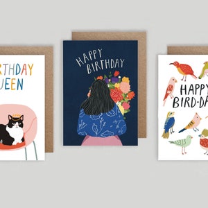 3 Pack Birthday card Bird pun Bird Lovers Happy Birthday Illustration Cats Birthday Cards Greeting Cards Pack of 3 Bday Mix 3 Cards