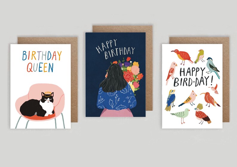 3 Pack Birthday card Bird pun Bird Lovers Happy Birthday Illustration Cats Birthday Cards Greeting Cards Pack of 3 Bday Mix 3 Cards