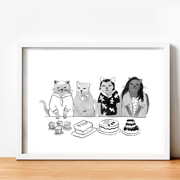 A4 Gedruckt Great British Bake Off Judges as Cats GBBO Ink Poster Illustration Wall Art The Great British Baking Show 2022