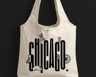 Chicago City Landmark design Canvas Tote Bag with Magnet Snap, Black letter