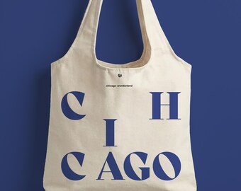Chicago City Letter Canvas Tote Bag with Magnet Snap, Blue letter
