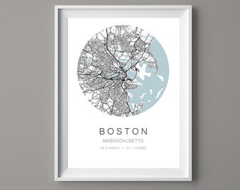 Mapa de Boston Massachusetts - Impresión de mapa de Boston - Mapa circular - MAP-002
