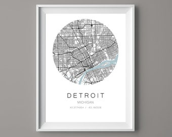 Mapa de Detroit Michigan - Impresión de mapa de Detroit - Mapa circular - MAP-005
