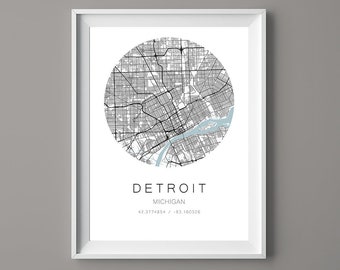 Detroit Michigan Map - Detroit Map Print - Circle Map - MAP-005