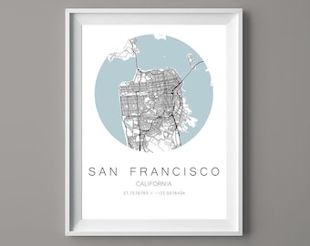 Mapa de San Francisco California - Impresión de mapa de San Francisco - Mapa circular - MAP-003