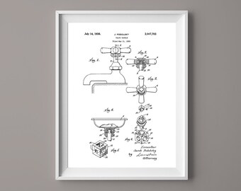 Bathroom Faucet Patent Print - Victorian Faucet - Vintage Bathroom Decor - Victorian Art - Vintage Faucet - Plumber Gift Bathroom Art - #089