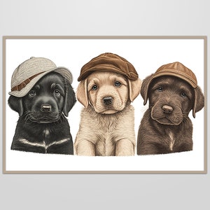 Cute Puppies Wearing Hats - Watercolor Art - Digital Download Set