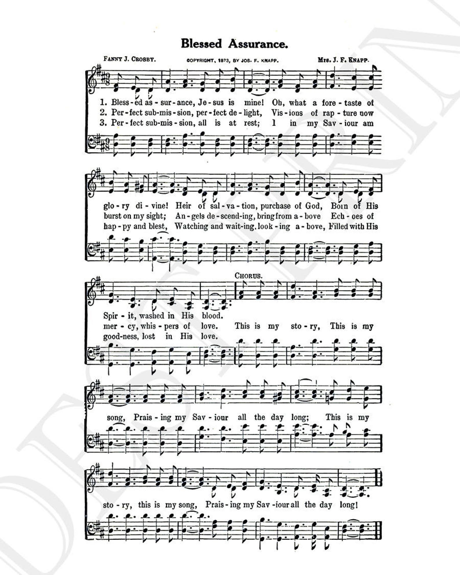 Blessed Assurance Jesus Is Mine Hymn Lyrics Hymnal Sheet Etsy