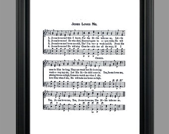 May include: Black and white printable sheet music for the hymn "Jesus Loves Me". The lyrics and musical notation are printed on a white background. The title "Jesus Loves Me" is printed at the top of the sheet music.