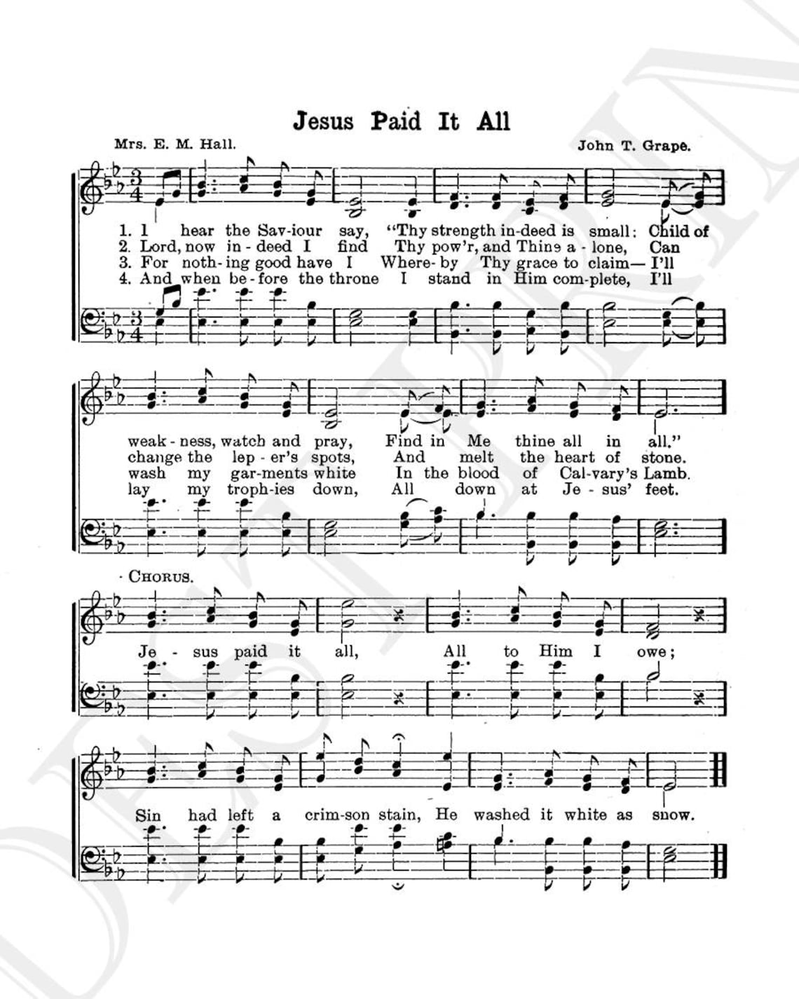 Jesus Paid It All Hymn Lyrics - Hymnal Sheet - Sheet Music- Home Decor ...