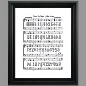 May include: A vintage sheet music print of the hymn "Stand Up, Stand Up for Jesus" by George Duffield and George J. Webb. The sheet music includes the lyrics and musical notation.