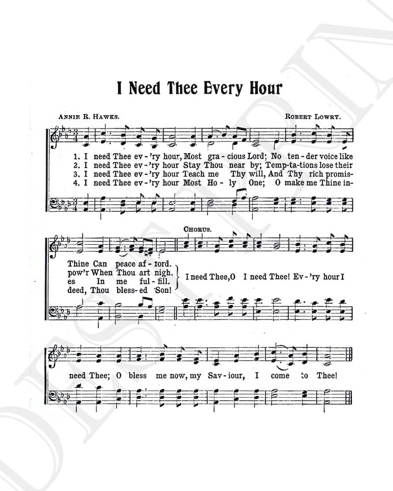 I need thee every hour hymn lyrics hymnal art sheet music home decor