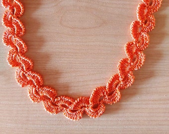 Handcrochet orange lace collar, Orange lace trim, Handcrochet jewelry ribbon, Trim for craft, Orange lace ribbon, Fabric trim dress making