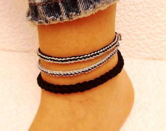 Narrow multicolors beach anklets for women and men, Unisex boho bracelets, Braided surfer anklets, Crochet festival jewelry for all ages