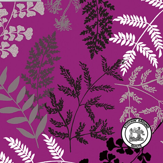 Kanvas Studio Midnight Fern Black Silver Metallic Cotton Fabric 7879P-12-Black
