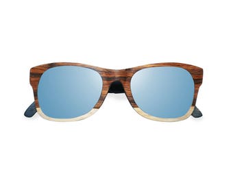 Triforce Two-Tone Polarized Maple & Ebony Wood Shades with Mirrored Blue Steele Lenses - Unisex Size Fits Men and Women