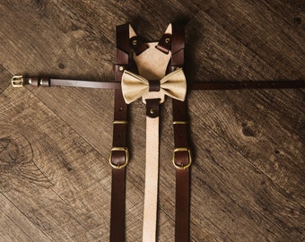 Mens Leather Suspenders with Matching Canvas Bow Tie